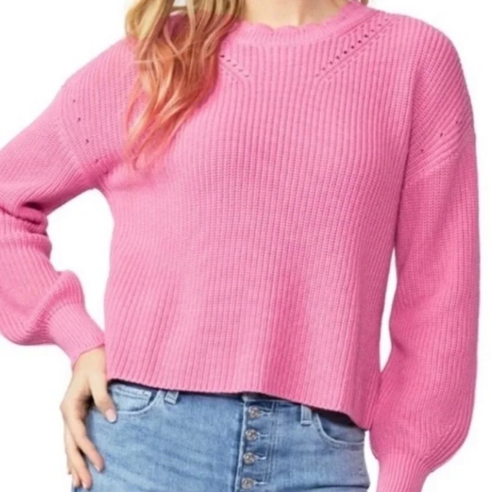 PAIGE Yenni Balloon Sleeve Sultry Rose Scalloped Crew Neck Sweater Size M